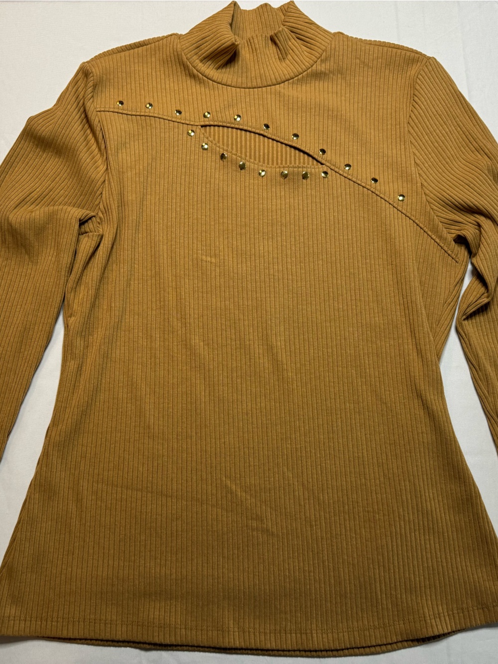 INC International Concepts Ribbed Mustard Long Sleeve Top with Stud Accents